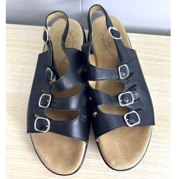 SAS Mystic Slingback Sandals Womens 10.5 W Wide Web Black‎ Leather Shoes Comfort - Picture 1 of 6